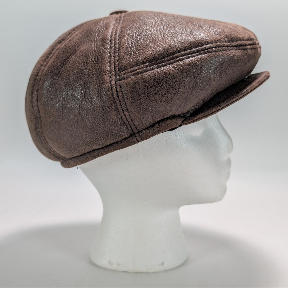 Zavelio Leather Shearling Sheepskin 5 Panel Ivy Driving Cap - Brown